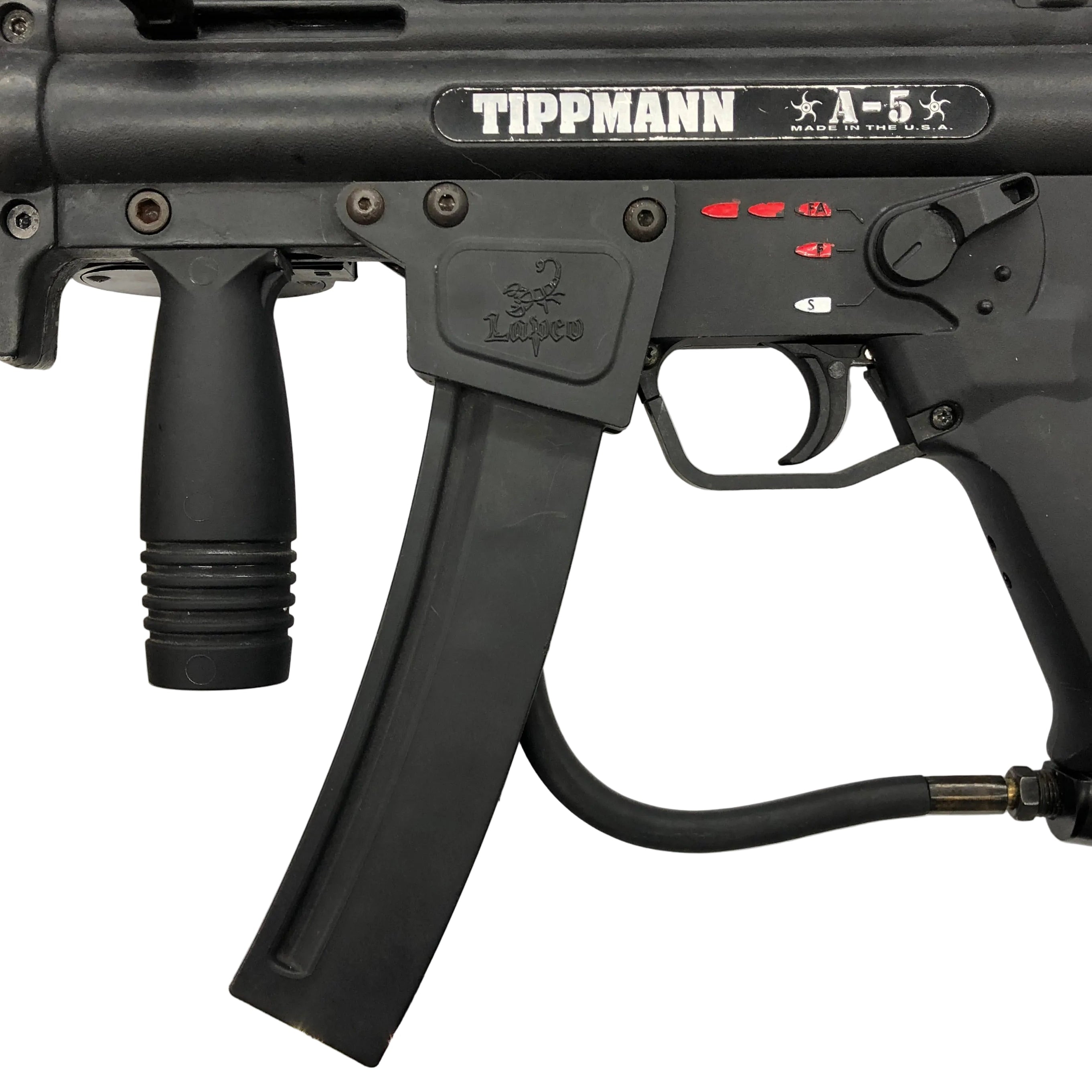 CERTIFIED USED Tippmann A5 EGrip 68 Caliber Gravity Fed Paintball Marker Zoomed Left Side View