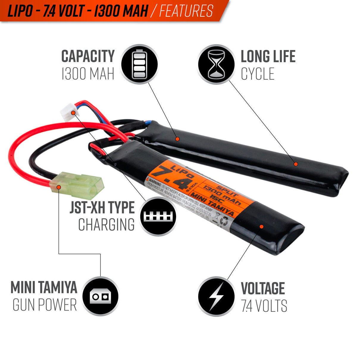 BATTERIE LIPO VALKEN 7.4V 1300MAH 15C/30C SPLIT SMALL TAMIYA