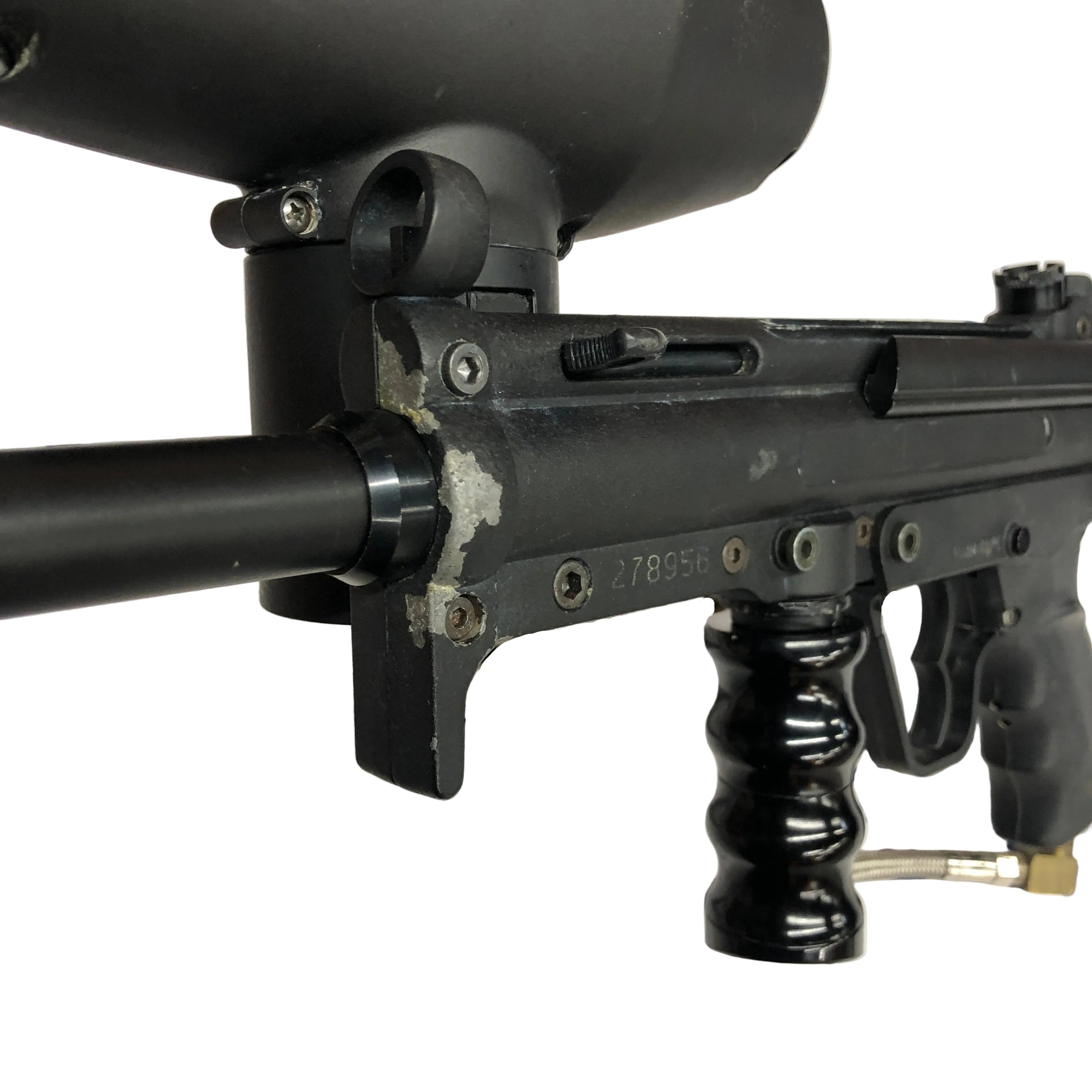CERTIFIED USED Tippmann A5 Double Trigger 68 Caliber Gravity Fed Paintball Marker Left Front View Zoomed