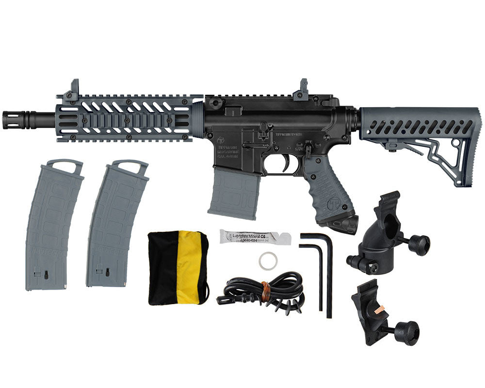 Tippmann TMC 68 Caliber Magazine Gravity Fed Paintball Marker Gray Left Side View with Accessories